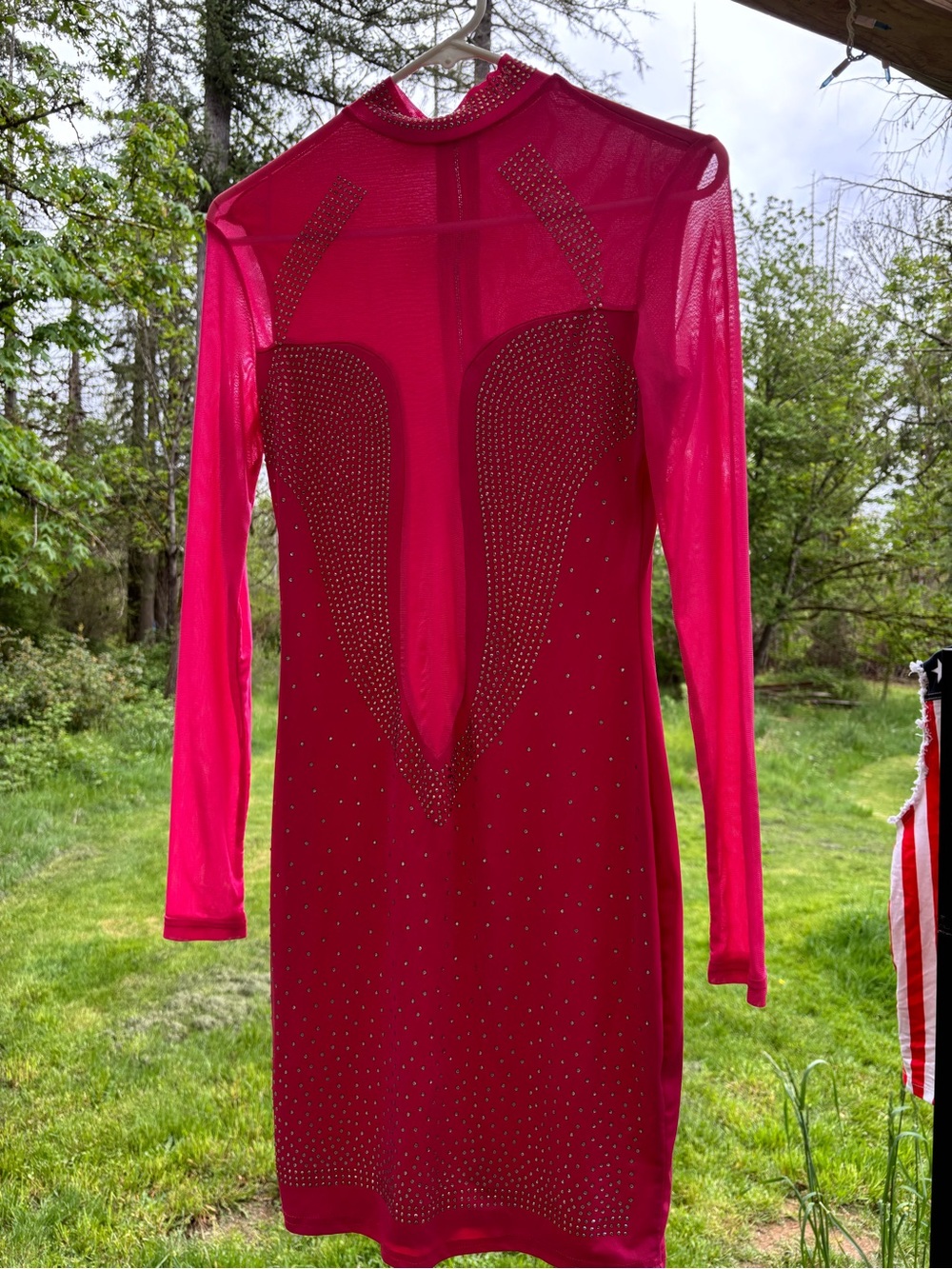 Elegant Hot Pink Long-Sleeve Mesh Dress with Crystal Detail